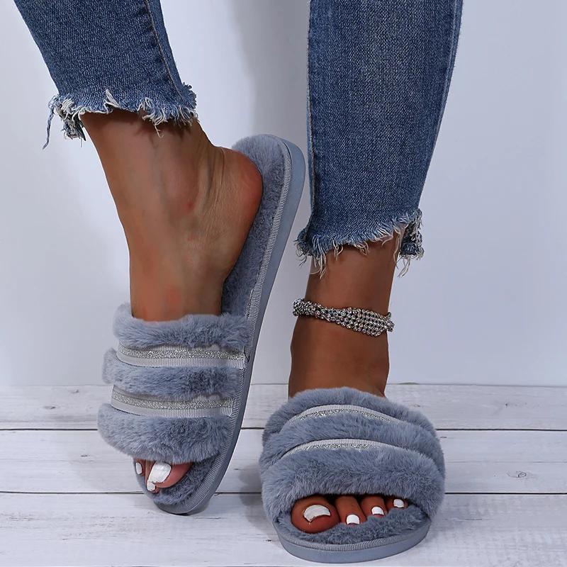 Fashion Stylish Sequins Decor Slippers for Women House Furry Flat Slippers Woman Indoor Non Slip Wear-Resistant Sandals Female