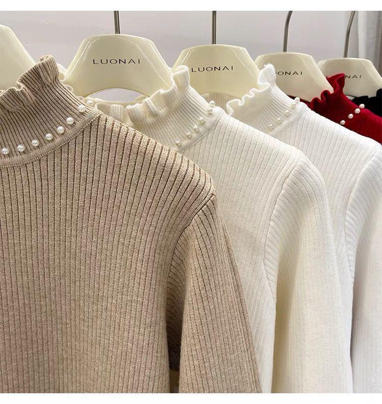 Pulover Tricotat cu Guler de Catifea cu Mărgele pentru Femei Toamnă/Iarnă