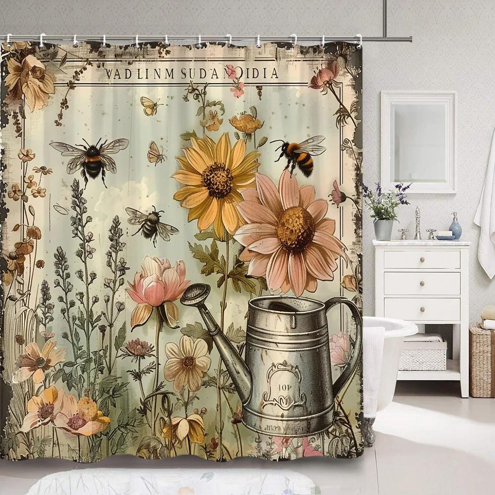 Vintage Floral Shower Curtain Rustic Country Farm Botanical Flower Bee Polyester Fabric Shower Curtain Bathroom Decor With Hooks