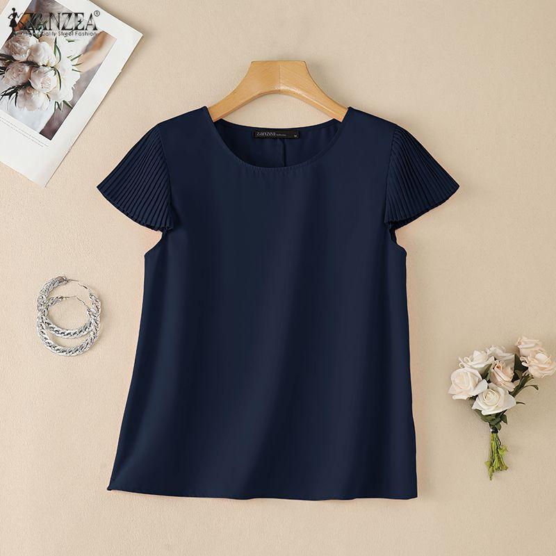 ZANZEA Blusa da donna casual a girocollo, tinta unita, manica corta larga
