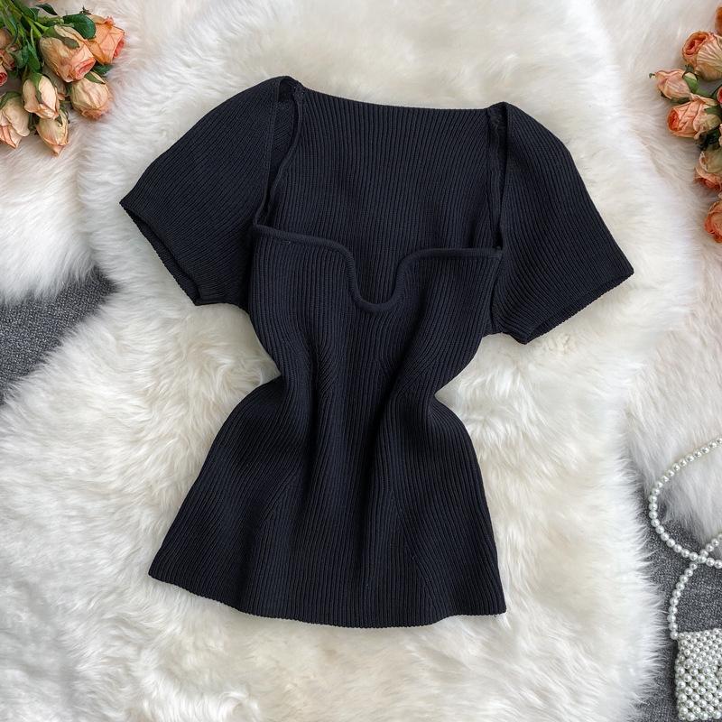 Women Summer Color Solid T Shirt Short Sleeve Square Collar Straight Tee Shirt Wear Top