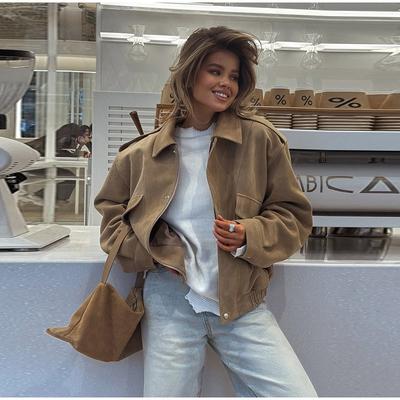 Fashion Thicken Jackets Women's Loose Lapel Long Sleeves Zipper Elastic Band Coats 2025 Autumn New Lady Casual Solid Outwears