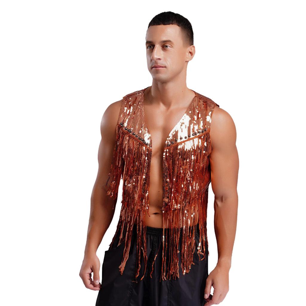 Men Sparkly Sequin Cowboy Vest Open Front Tassel Rivets Shiny Western Waistcoat for 70s Disco Club Parties