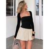 Elegant Fashion Square Collar Splicing A Line Short Dress New Long Sleeve Slim Fit Sexy Party Dress Women Vintage Party Club Sweet Dresses 2683
