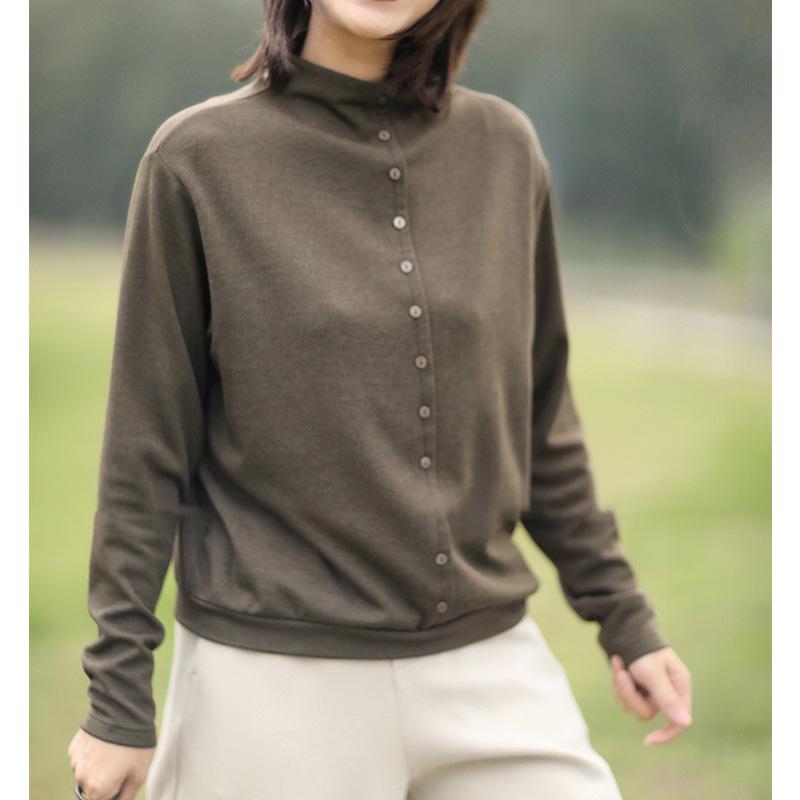 Women's Autumn/Winter Stand Collar Brushed Fabric Base Layer T-Shirt - Loose Slimming, Skin-Friendly Top