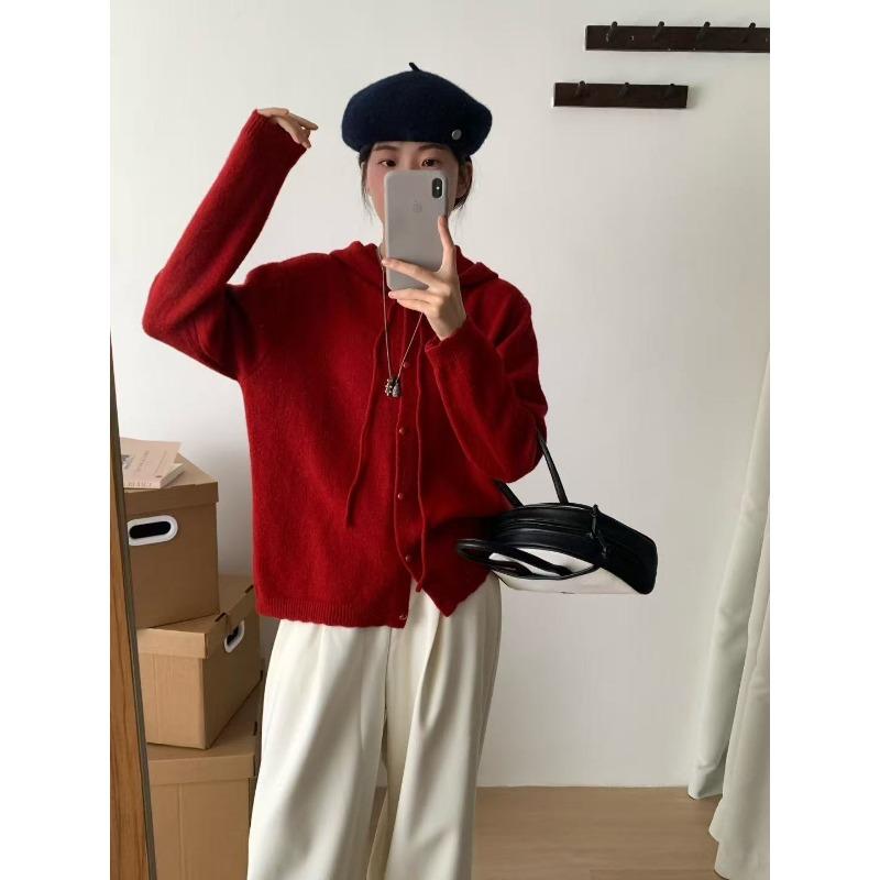 

Новый пуловер с капюшоном на кулиске, однобортный, с ажурным дизайном, свободный, мягкий, восковой, повседневный жакет-кардиган для женщин average size темно-красного