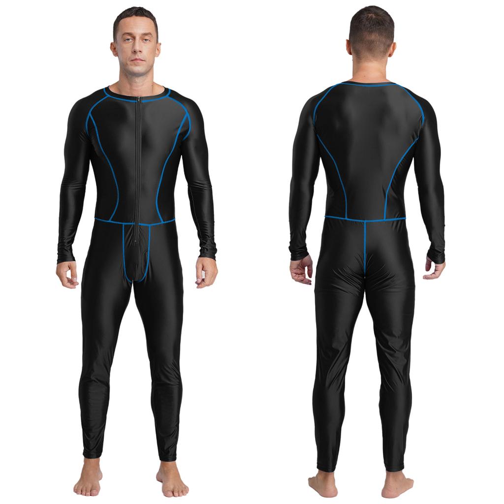 Men‘s Compression Swimwear & Gym Romper S-3XL: Shiny Long Sleeve Jumpsuit with Front Zipper, Flatlock Seams for Comfort