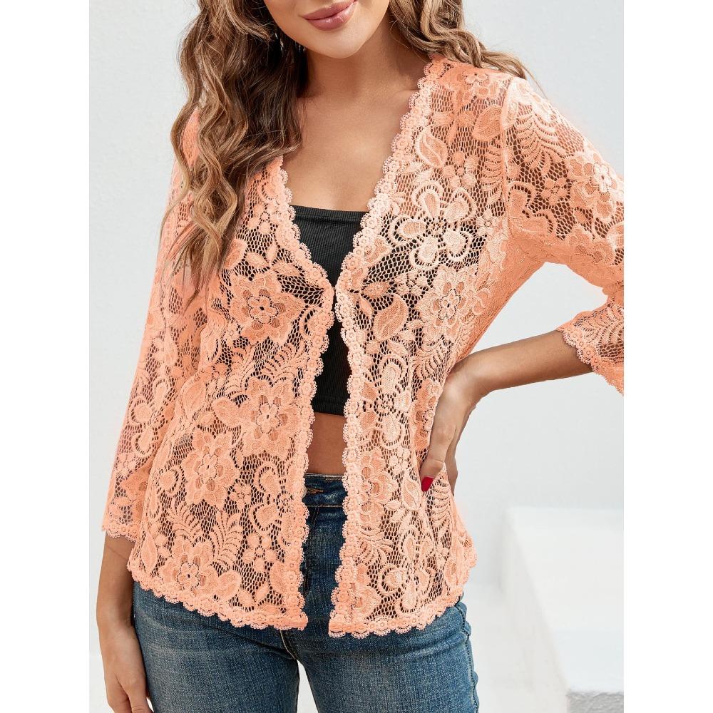 Nový volný a všestranný plus-size krajkový top s ochranou proti slunci a průsvitným kardiganem s výstřihem