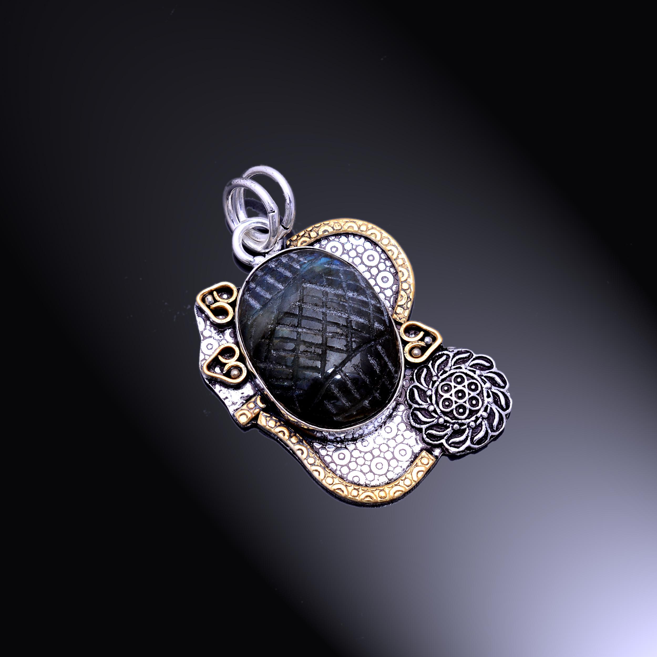 

Двухцветный кулон из стерлингового серебра 925 пробы с натуральным резным камнем лабрадоритом 2,1 дюйма i2Z99