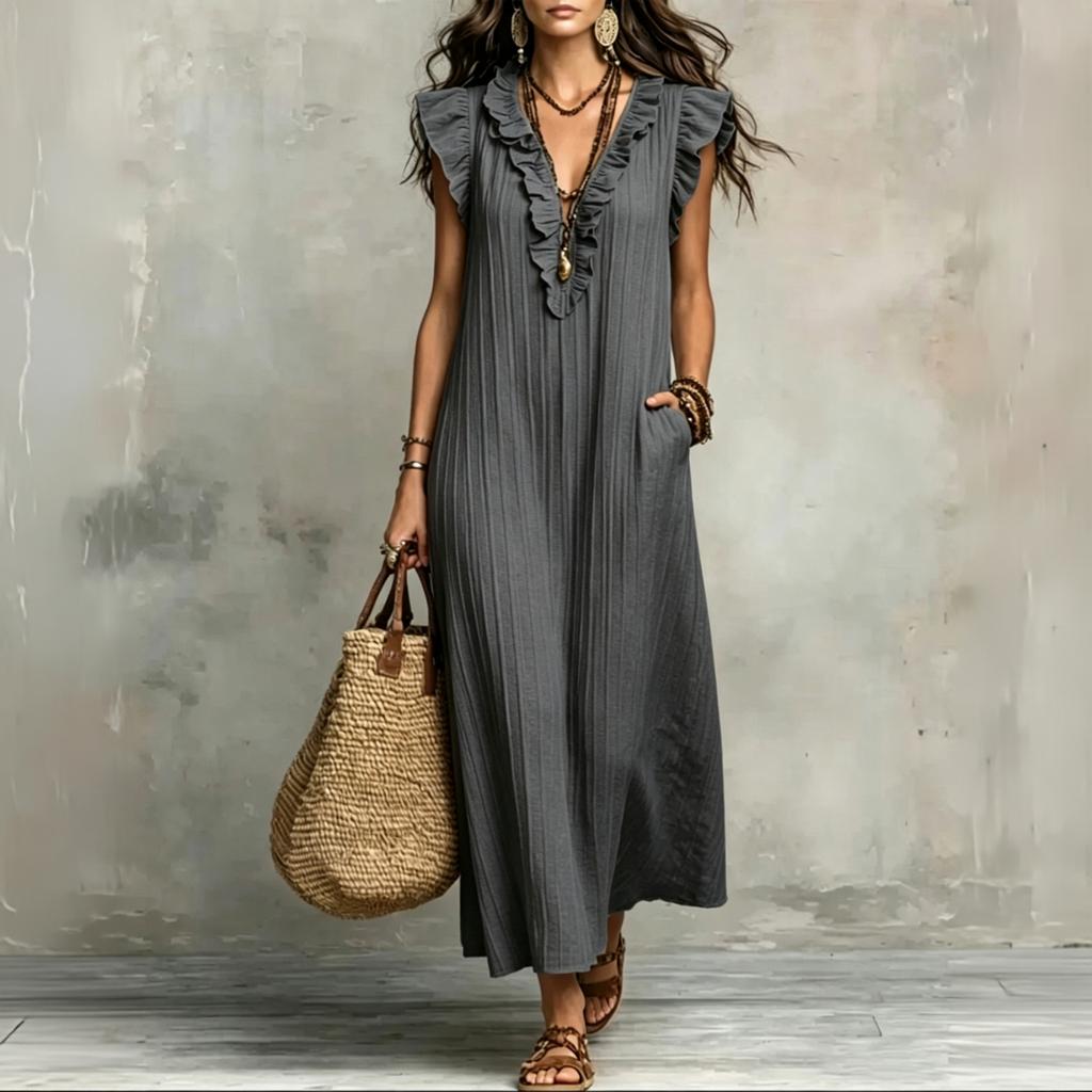 Dames Mouwloos Losvallend Maxi Jurk Boheemse Stijl V-hals Ruche Afwerking Casual Zomer Lange Jurk met Zakken