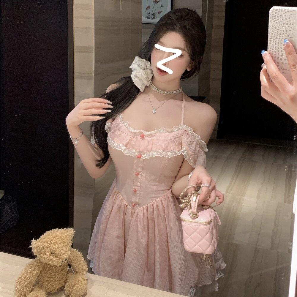 French Pink Lace Neck Sling Dress Women's Summer Halter Bow Waist Unique Beautiful Small Skirt