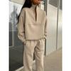 Autumn and Winter Ladies Outfit Chic Zipper Lapel Solid Color Casual Two-piece Outfit