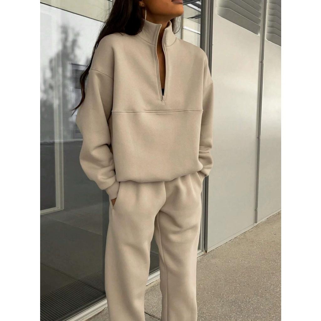 Autumn and Winter Ladies Outfit Chic Zipper Lapel Solid Color Casual Two-piece Outfit