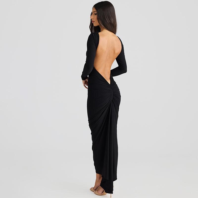 Vestido Tooxika de primavera y otoño para mujer, sexy, sin espalda, plisado, ajustado, con cuello redondo y manga larga