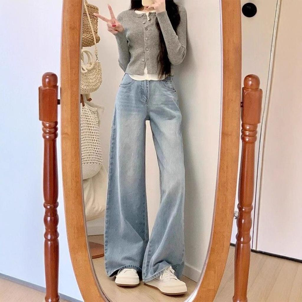 Light-coloured Wide-legged Jeans Female Large Size Loose Skinny Pear-shaped Drape Straight Straight Trousers Jeans for Women Long Denim Pants