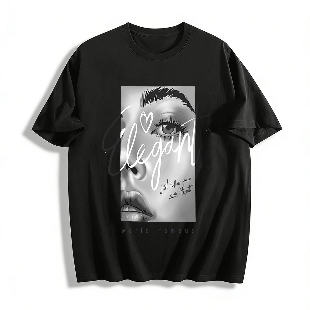 

Elegant Portrait Print Casual Tshirt Follow Your Own Heart Top Pure cotton T-shirt XXS
