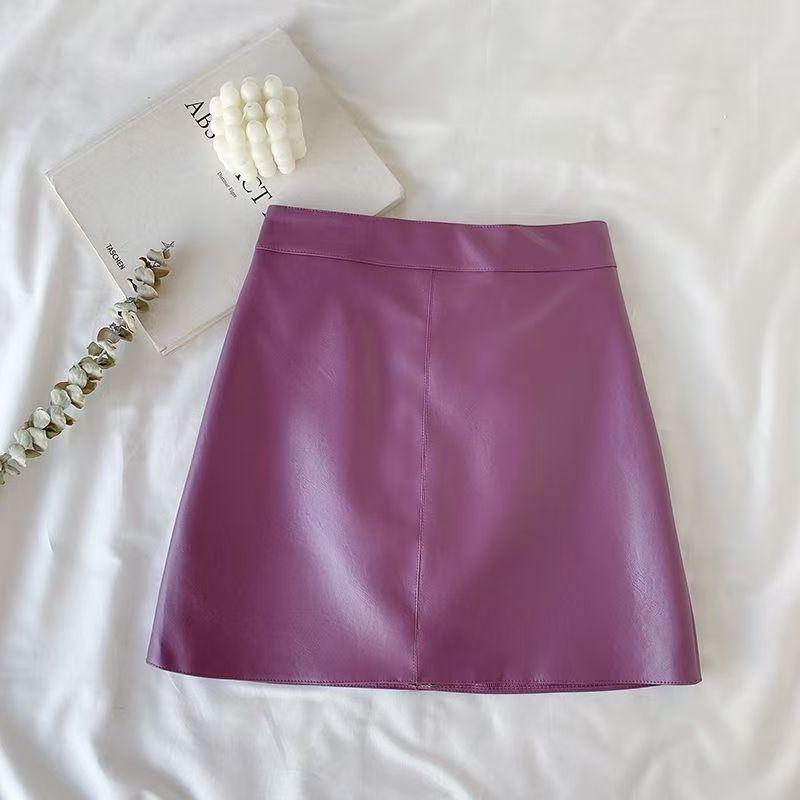 Black A-line High-waisted PU Leather Skirt: Women's Spring/Autumn Slimming Mini with Anti-exposure Design