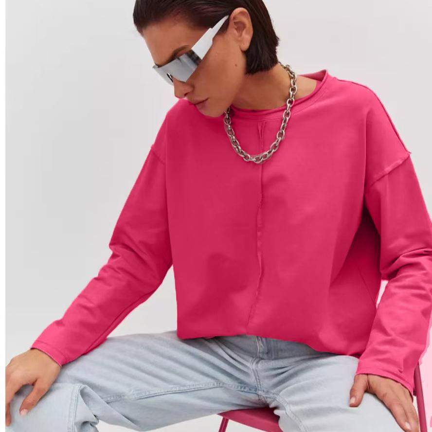 Damen Oversize Langarm T-Shirts Basic Rundhalsausschnitt T-Shirt Frühling Herbst Sweatshirts Lässig Workout Mode Einfarbig Baumwolle Pullover Tops für Damen