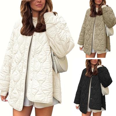 2025 Autumn Winter New European American Style Quilted Simple Solid Color Round Neck Loose Cotton Coat