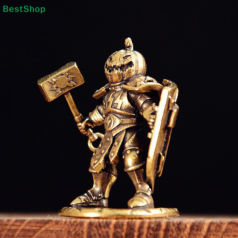 Brass Pumpkin Head Knight Figurine - Miniature Warrior Statue with Hammer and Shield for Desk Decor