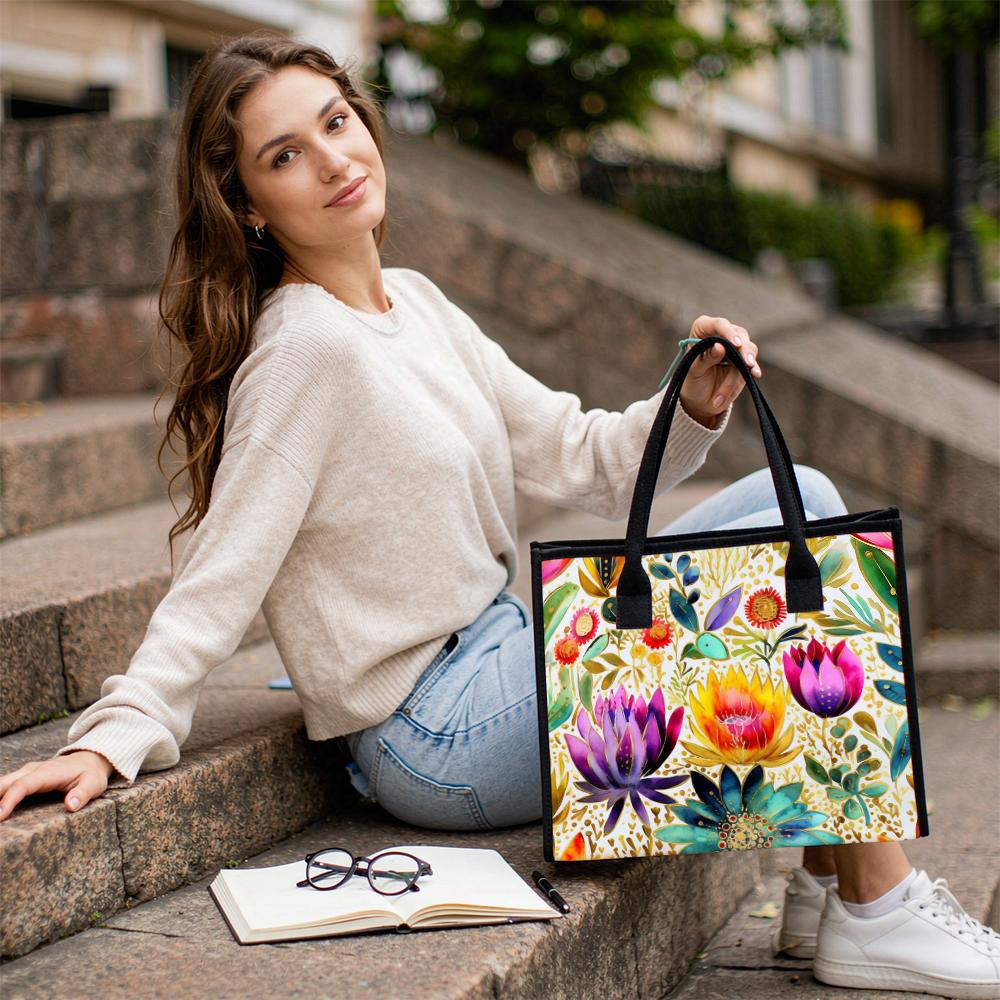 Boho Floral Print Casual Canvas Tote Bag Reusable Lightweight Women Daily Handbag