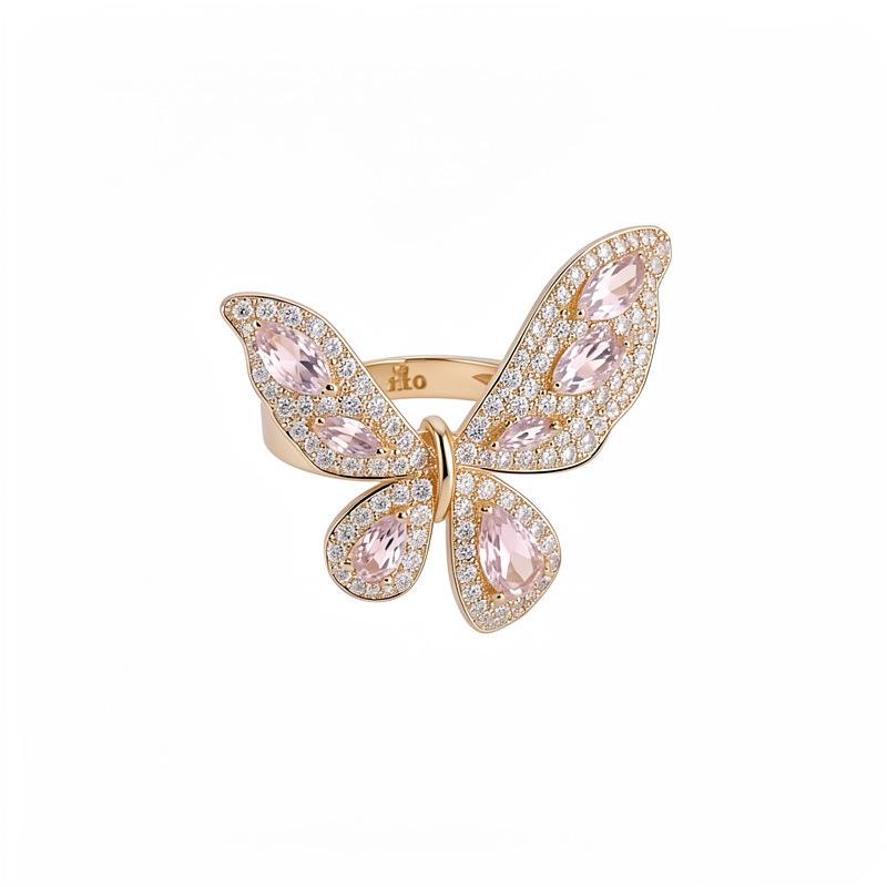 Pink Diamond Butterfly Zirconia Open Ring with Exquisite High-Grade Feel - Korean & Ins Style