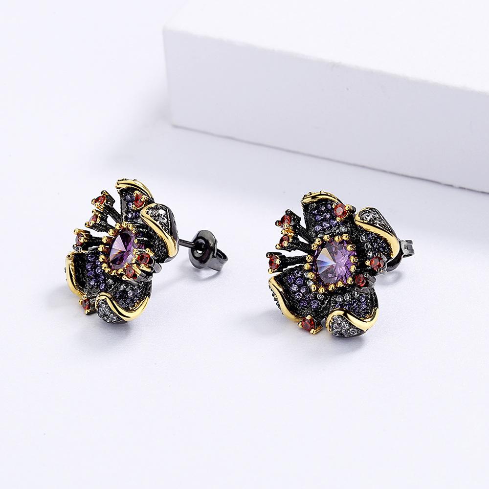 New Personality Flower-Shaped Earrings Fashion Sunflower Purple Zircon Black Gold Earrings Wedding Party Jewelry Gift