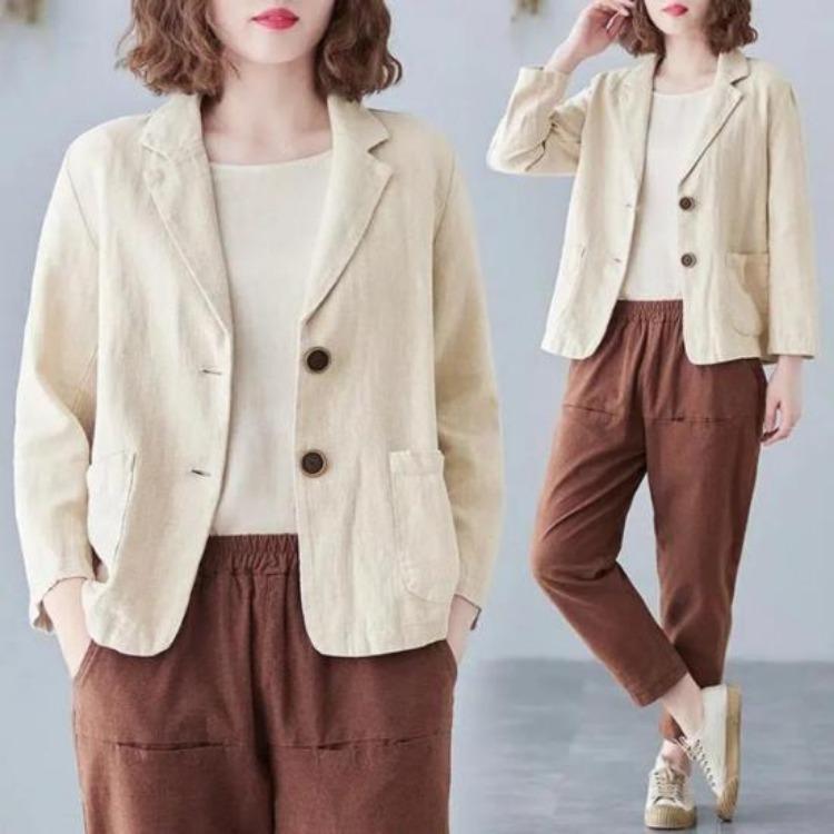 Women Vintage Casual Blazer Jacket Cotton Linen Coat Long Sleeve Lapel Thin Coat with Pockets 2 Buttons