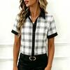 Women's Short Sleeve Button Down Shirt Polka Dot and Stripe Patterned Contrast Placket Casual Blouse Lightweight Breathable Fabric