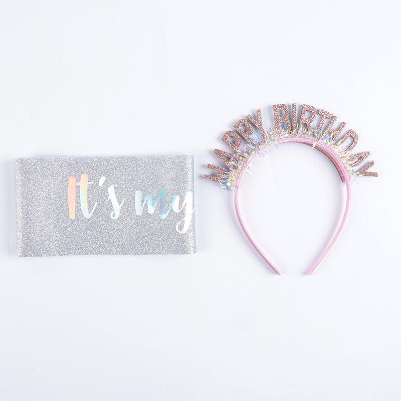 Cat and Dog Birthday Headband Sparkling Pink Happy Birthday Strap Hat Pet Theme Party Two Piece Set Cute Pet Dress Up Supplies