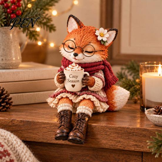 Layered Knit Texture Statues Christmas Animal Shelf Sitter Figurine, Woodland Statue with Mug, Dangling Leg Charming Seasonal Home Accessories Mantel