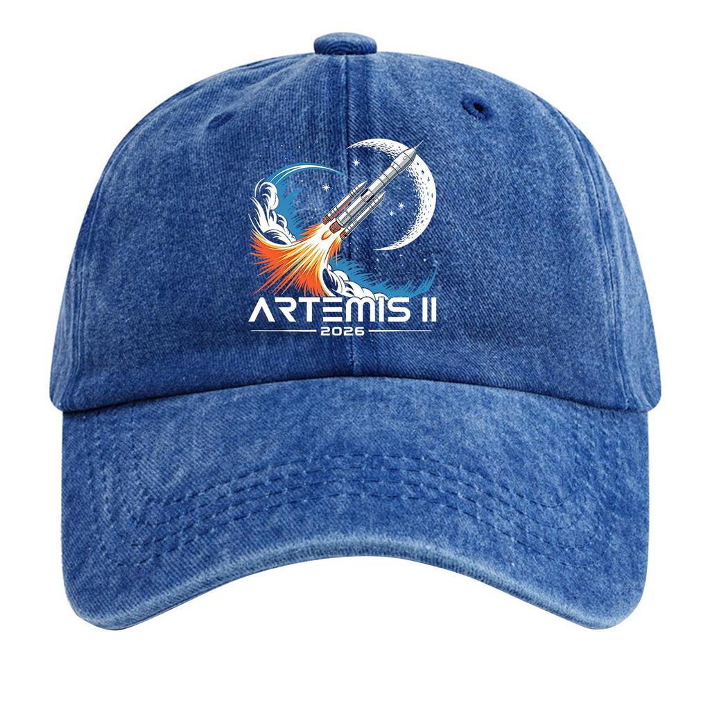 Washed Cotton Baseball Cap Vintage Style Soft Top Denim Hat with Printed Rocket and Moon Design Adjustable Closure for Casual Wear