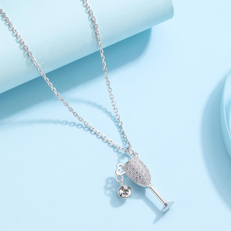 Simple 925 Sterling Silver White Zircon Clavicle Chain High Quality Crystal Wine Glass Pendant Necklace Female Engagement Party