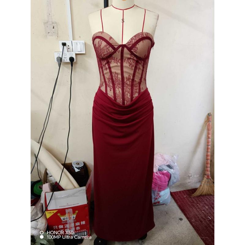 Women French Elegant Solid Lace Strapless Sling Slim Fit Evening Party Midi Dress