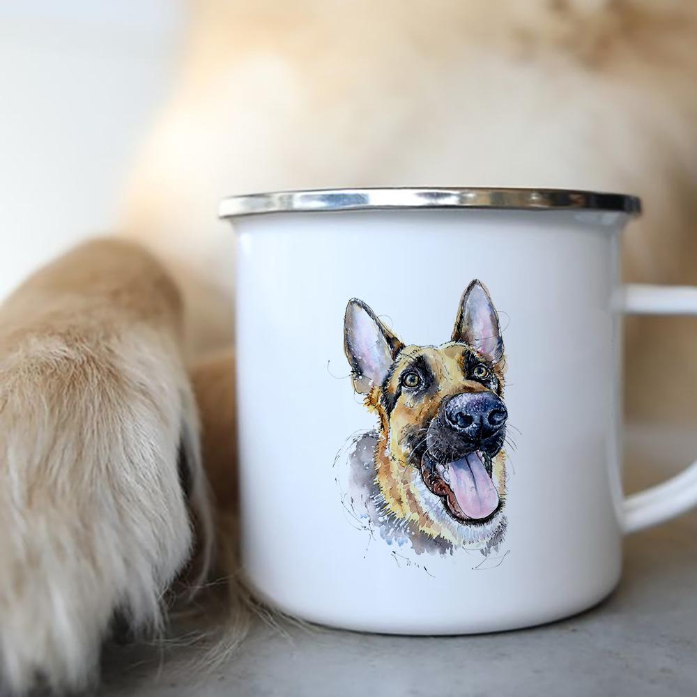 Coffee Tea Mugs Camping Adventure Beer Drink Juice Cups German Shepherd Print Creative Enamel Mug Handle Love Dog People Gifts