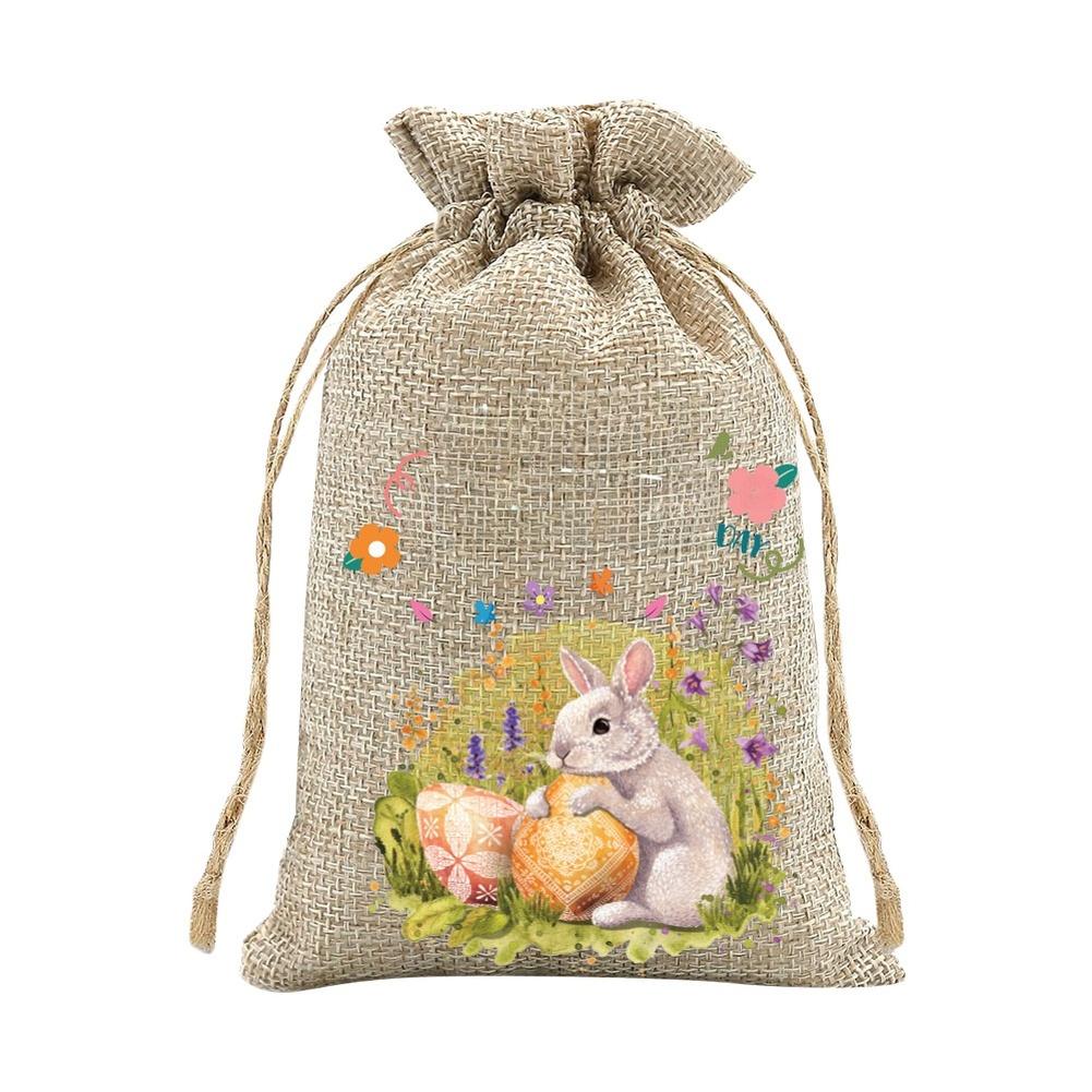 Egg Hunt Easter Favor Bags Linen Fabric Assorted Patterns Reusable Design For Candy Gifts Drawstring Candy Pouches