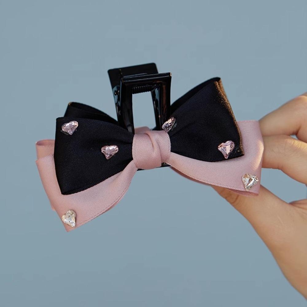 

Love Water Diamond Bow Shark Clip Black Powder Contrasting Design Hair Grab Niche Sweet Style Daily Styling Tie Hair Accessory