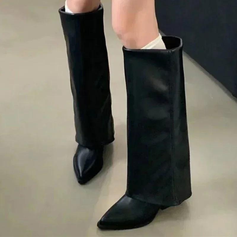 Chunk Leather High Boots Women Knee High Pointed Toe Heels Shoes Woman Trend Chelsea Boots New Pumps Snow Gladiator Botas Mujer