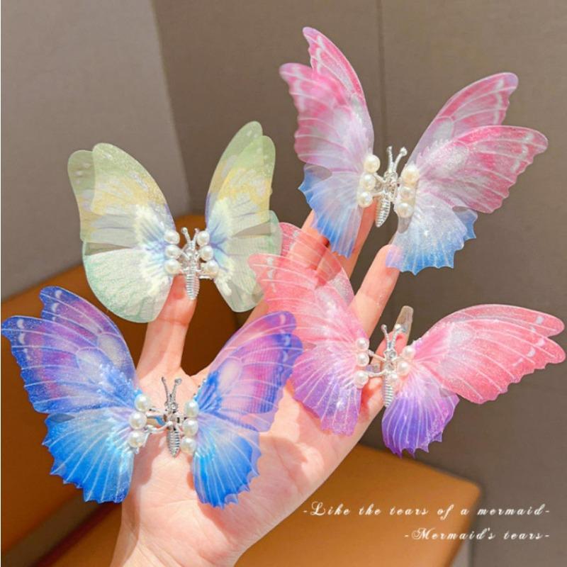 2pcs Korean Moving Butterfly Hair Clips for Girls Double Layered Wings Pearl Butterfly Hairpin Headwear Girls Kids Hair Accessories