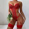 Club Bodysuit Bodycon Sleeveless Flower Pattern Lace Embroidery Hollow Out Chain Decor Spaghetti Strap Seductive Nighty Bodysuit for Romantic Night