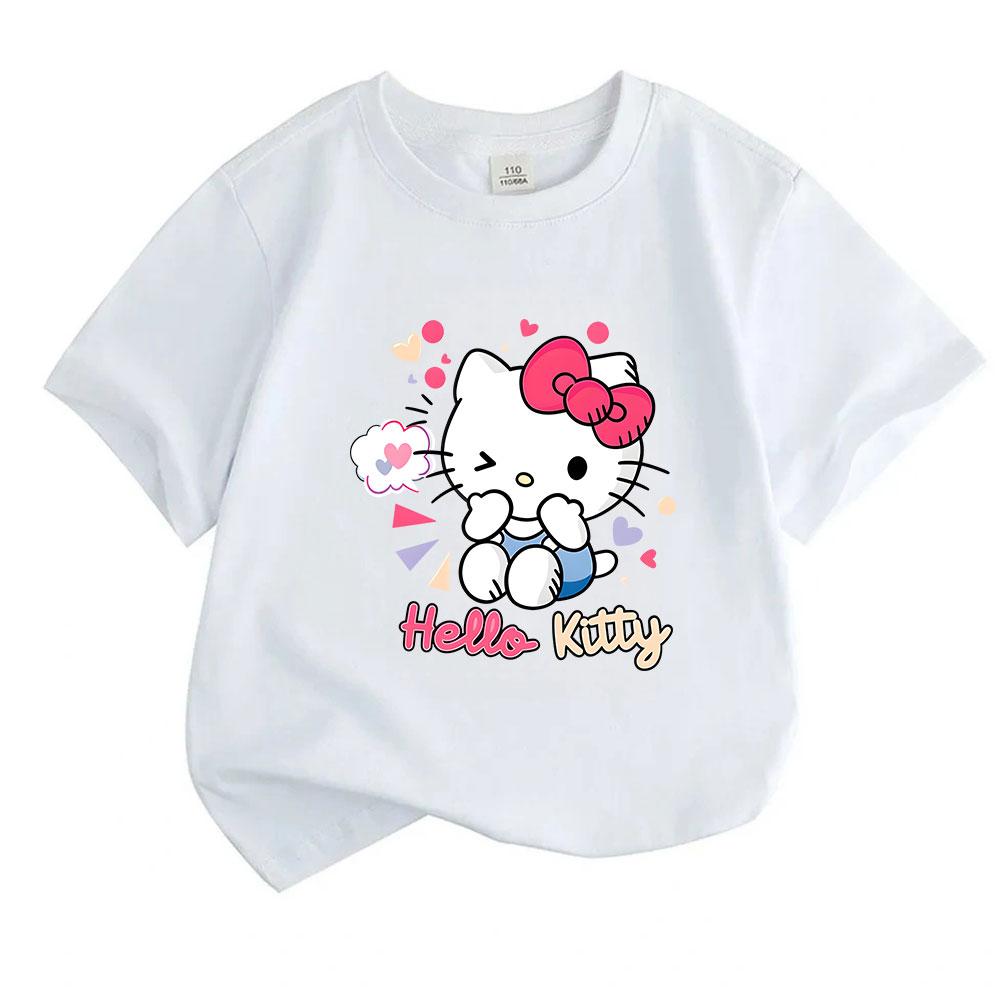 Kids Boys Girls Crew Neck Short Sleeve 100% Cotton T-Shirt, Cute Winking Cat Print Casual Soft Breathable Tee for Little Children Daily Wear Party Hol