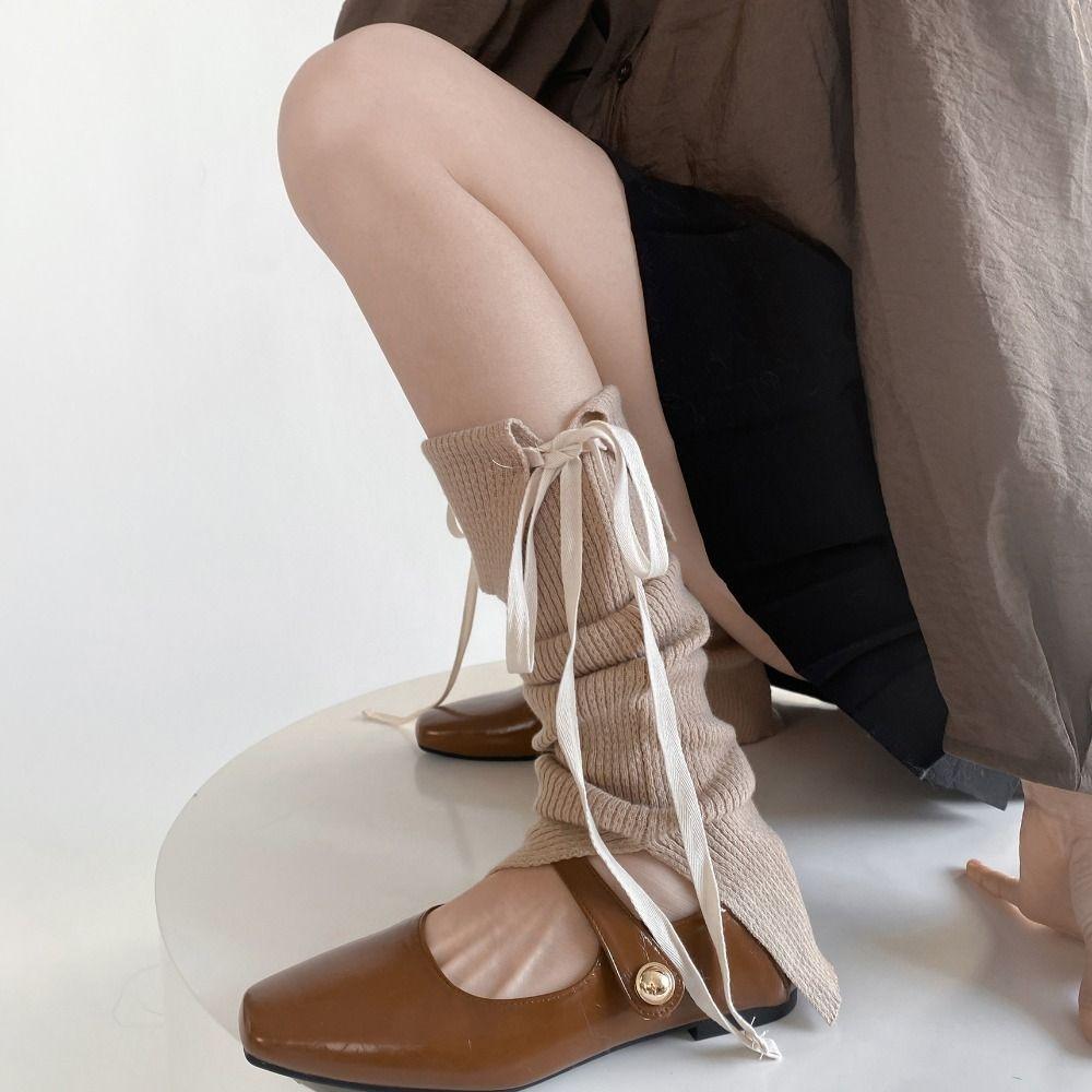 Bow Tie Lace Up Leg Warmers Y2K Knee High Socks Solid Color Women's Stockings Autumn