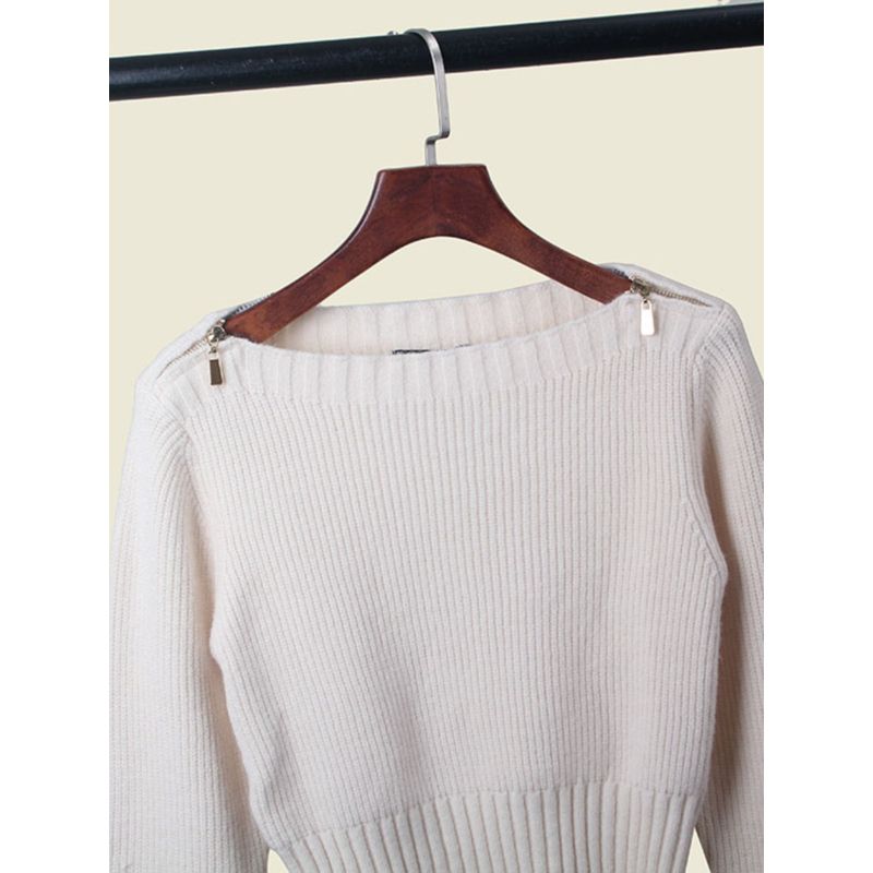 Polish Card off-the-Shoulder Sweater Sweater Fashion Style Export Metal Zipper Waist-Controlled Long Sleeves Autumn and Winter Undershirt