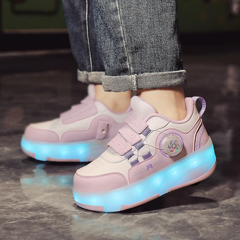 Kid's Roller Skates Removable Flat Charging LED Four Wheels Glowing Sports Shoes Pink Women's Glowing Sneakers