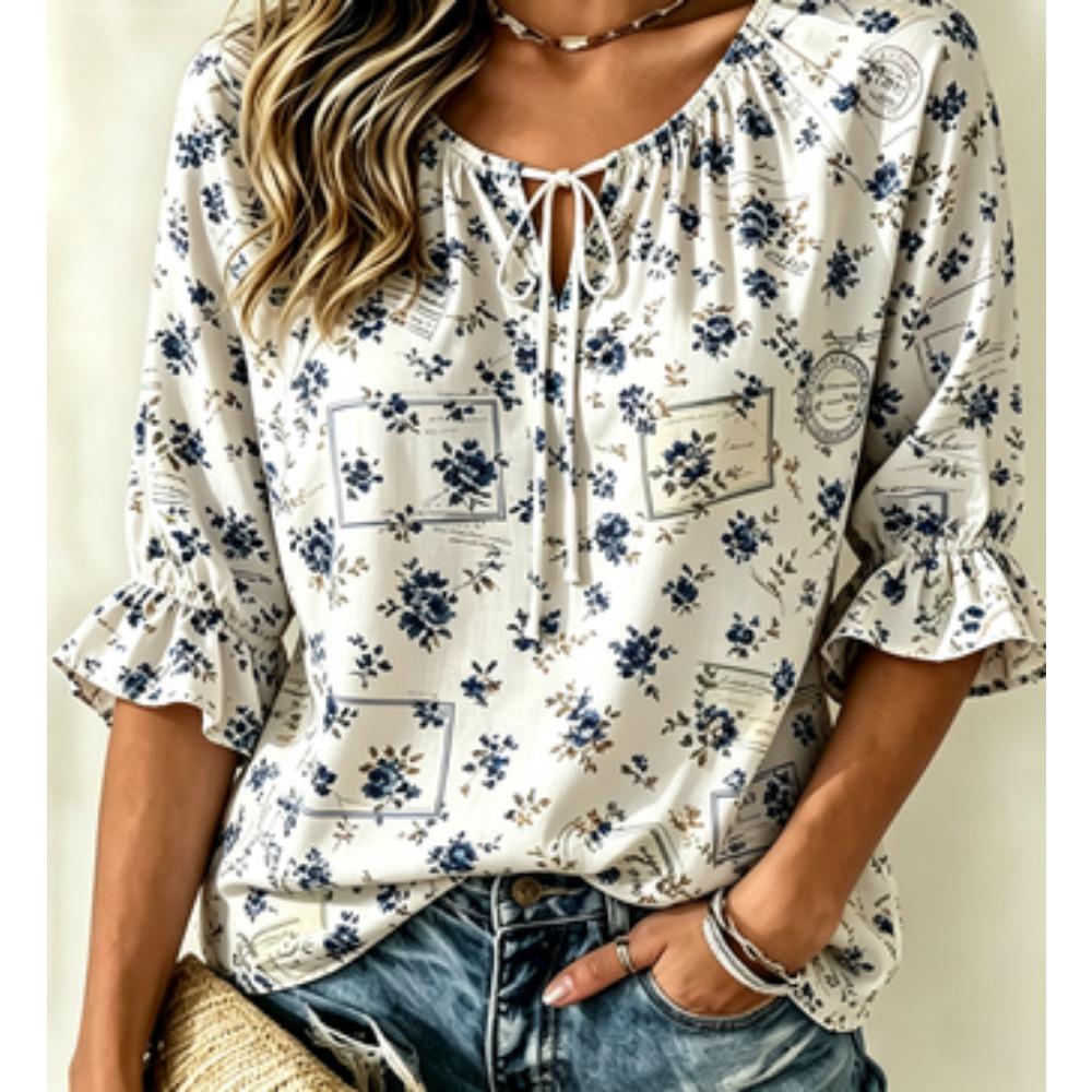 Women's Pale Blue Tiny Floral Star Print Tie Split Neck Ruffle 3/4 Sleeve Soft Loose Spring Daily Blouse