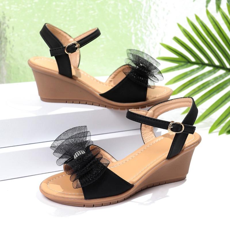 

Fashion Slope Heel Sandals Summer New Round Head Shallow Mouth Crystal Lace Butterfly Knot Soft Sole Non-slip Wear-resistant High Heels 43 чёрный