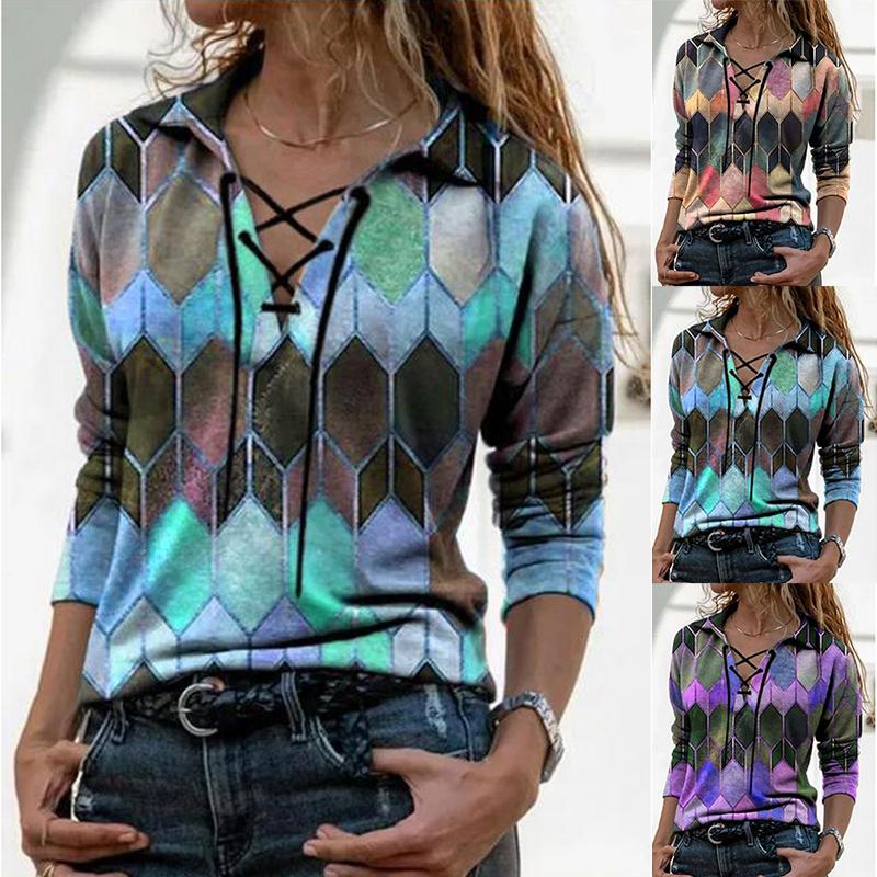 

Женская повседневная блузка с v-образным вырезом и длинным рукавом на шнуровке, свободные пуловеры с принтом, топы L синий