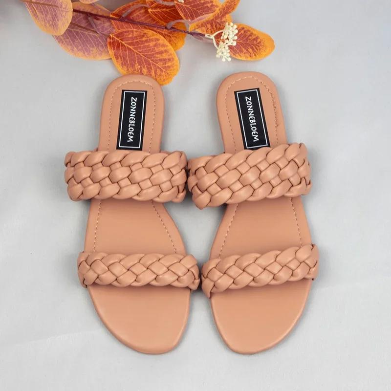 Fashion 2025 New Designer Women Outside Slippers Summer Woman Flat Slides High Quality PU Leather Fashion Double Weave Beach Sandals