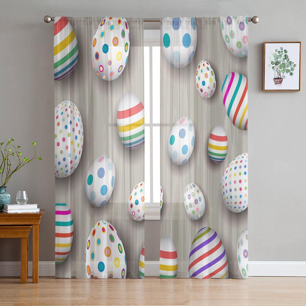 Easter Eggs Wood Grain Background Tulle Curtains For Living Room Bedroom Voile Sheer Curtain Window Home Decor Drapes