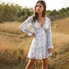 Summer Women Casual Halter V-Neck Chiffon Mini Dress Ruffles Print Blue Green Pink White Full Sleeve Above Knee Sizes S XL
